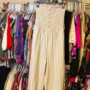 Olivaceous Womens Striped Smocked Wide Leg Tube Top Jumpsuit M